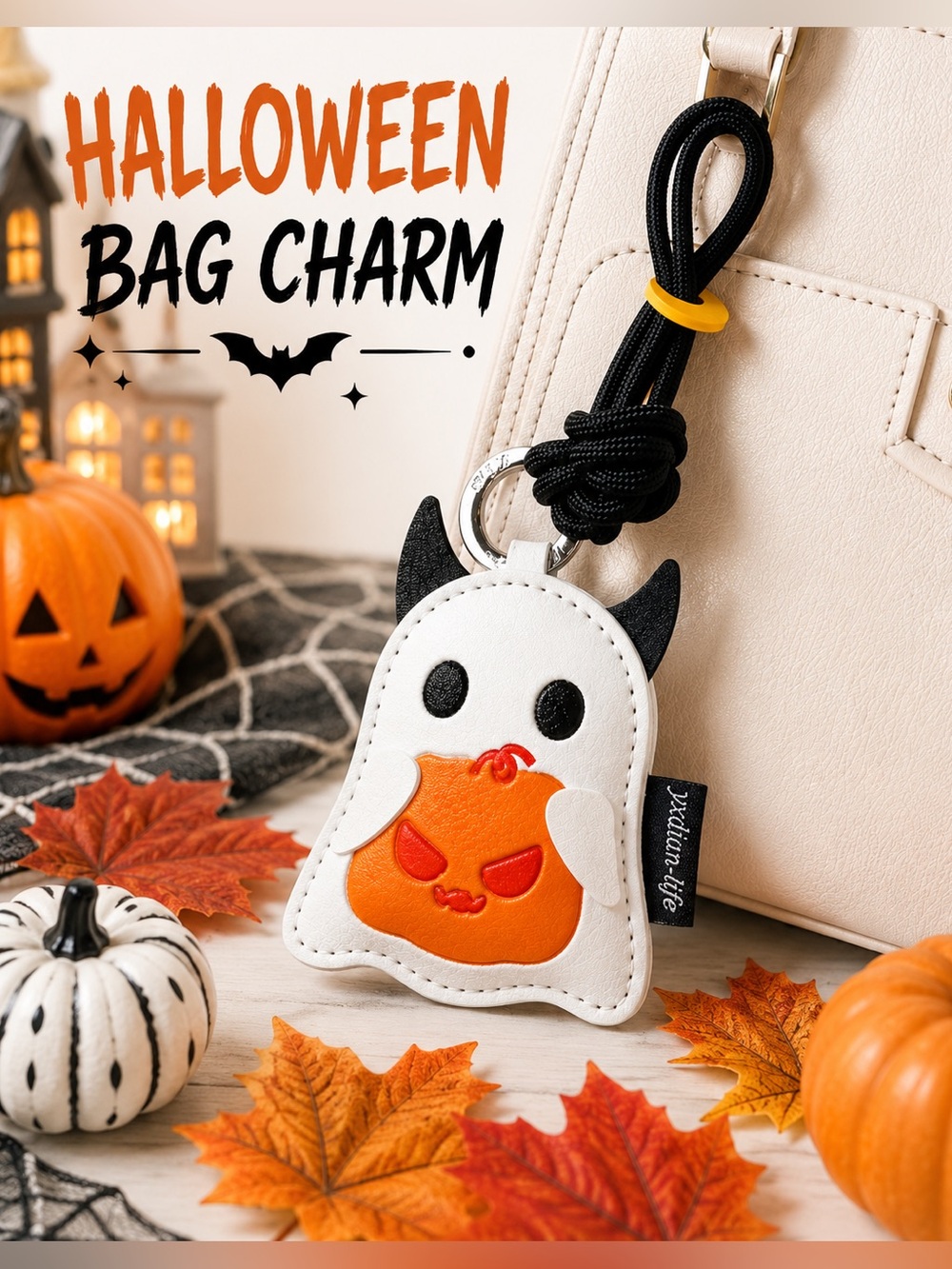 Ghost & Pumpkin Faux Leather Bag Charm Keychain